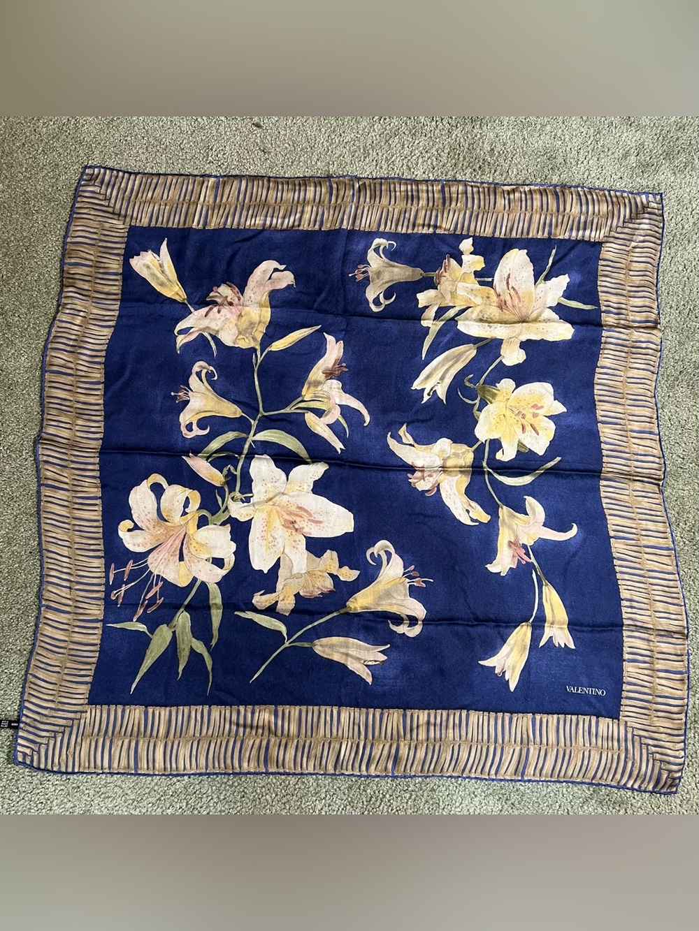 Valentino Large Silk Floral Scarf  Lilies and Striped Edge